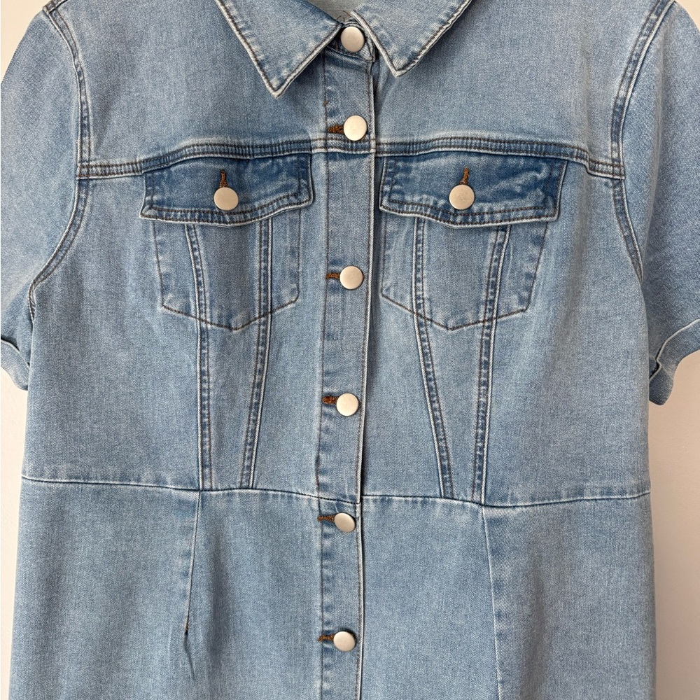Allegra-K Denim Button-Up XL Dress with Brown Belt 2 Front Pockets Short Sleeve - Picture 4 of 7